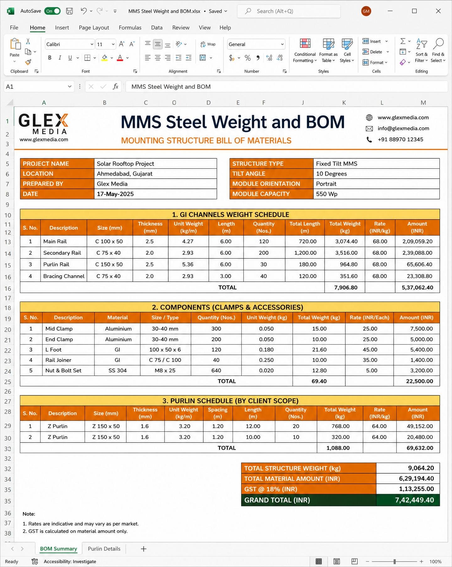 MMS Steel Weight & BOM