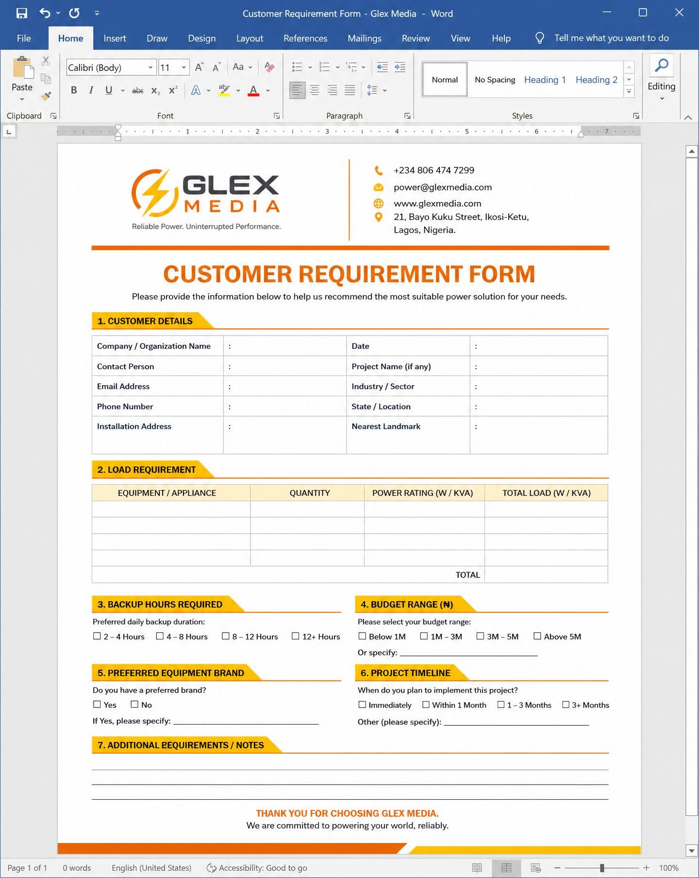 Customer Requirement Form